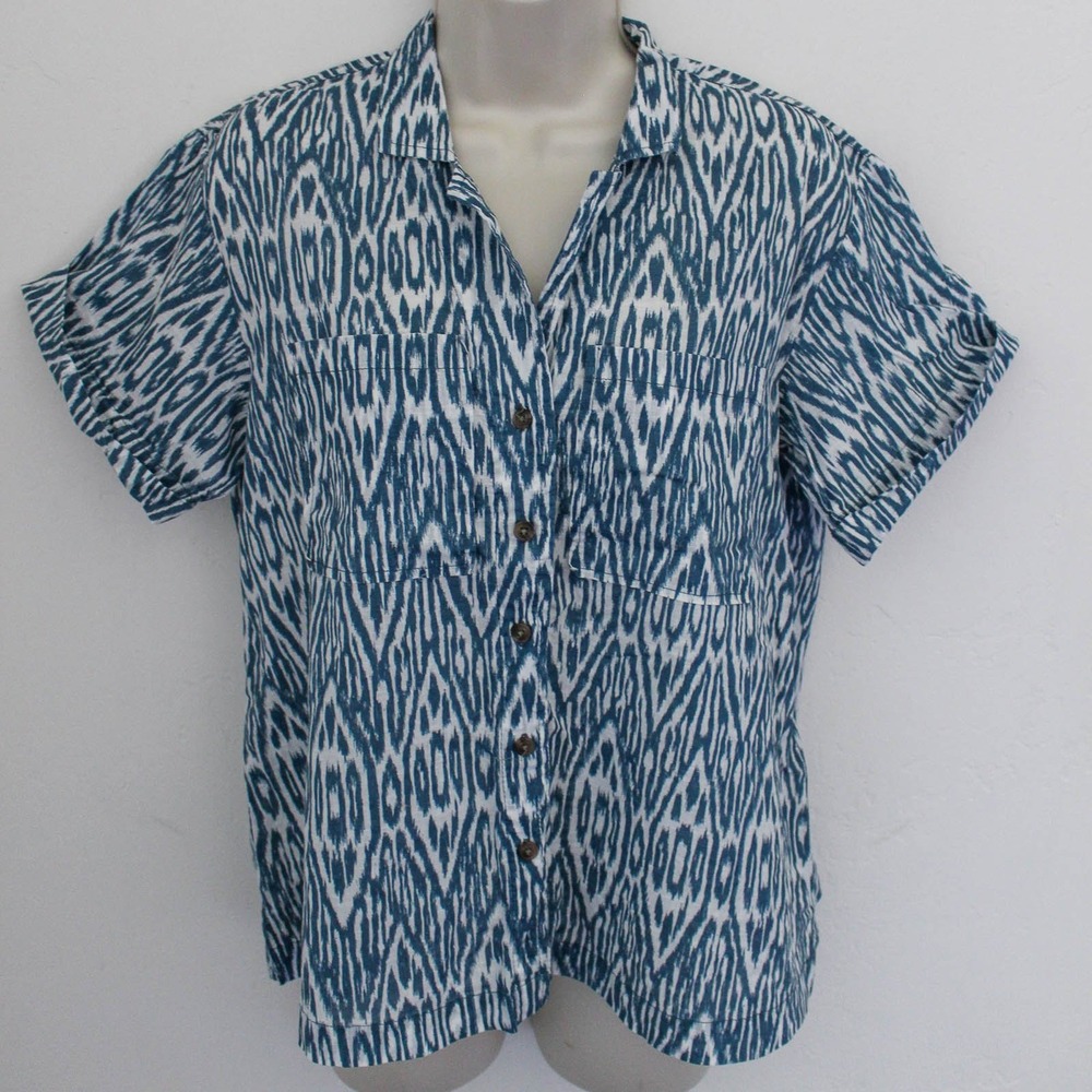 Pilcro Top Womens XS Blue White Button Up Voile Surf Camp Shirt Short Sleeve